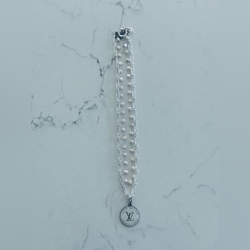 2 Strand Paperclip & Freshwater Pearl Necklace w/ 1” White Louis Vuitton Pendant - Picture 2 of 5